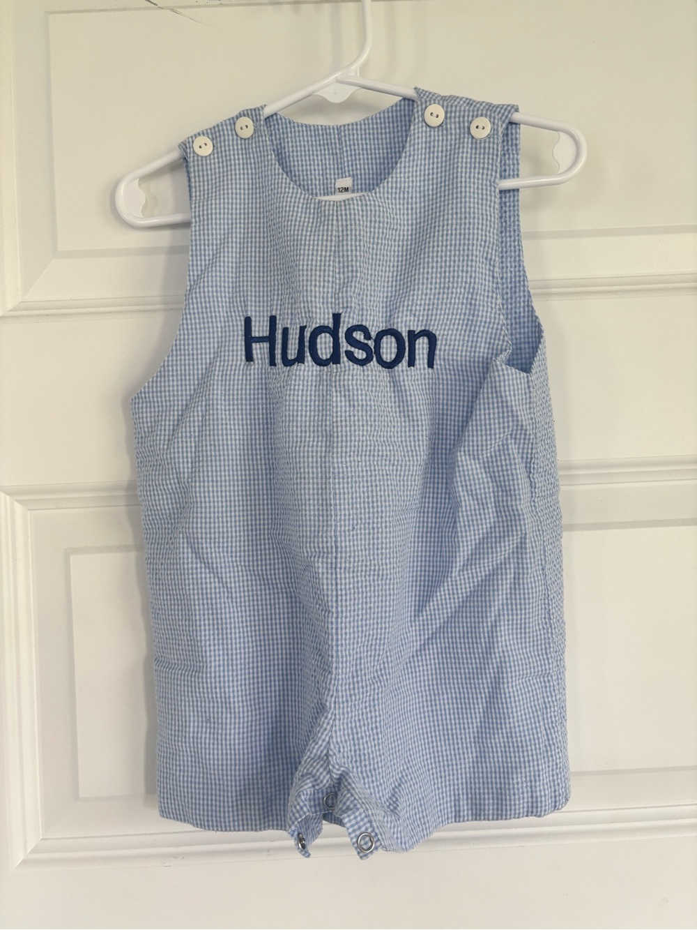 Personalized Blue Seersucker Baby Romper - "Hudson"